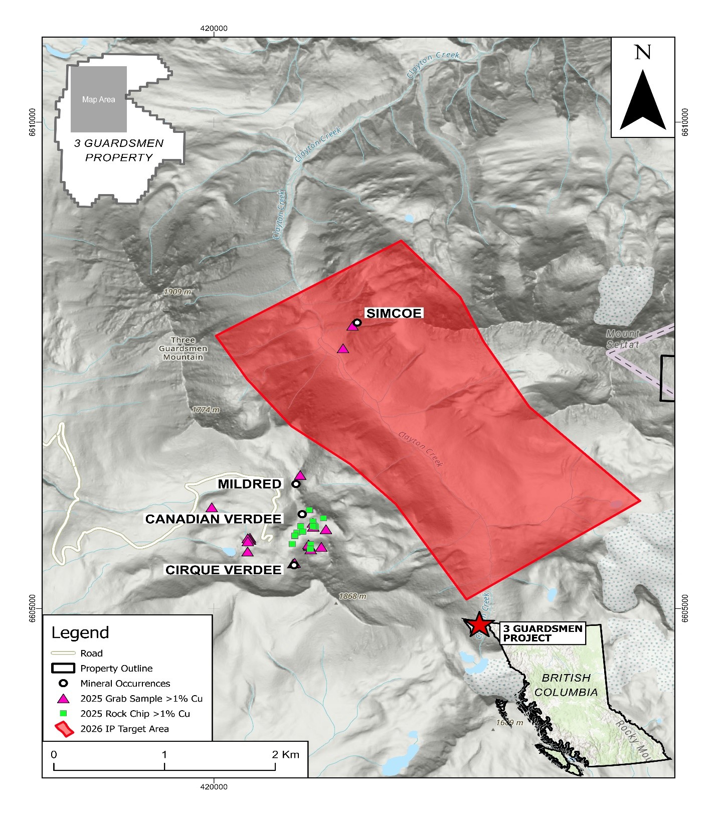 Figure 1: Three Guardsman IP Survey Boundaries and locations of high-grade CU samples from 2025