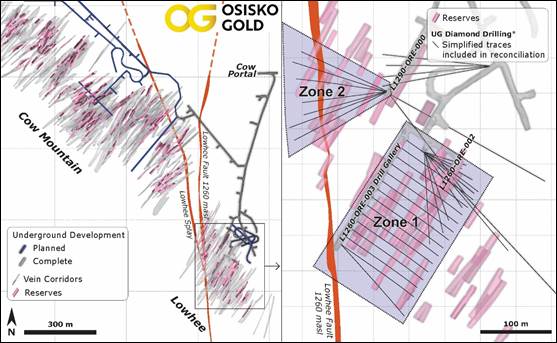 FIGURE 1: Underground plan view of Zone 1 and Zone 2 within the Lowhee Zone.