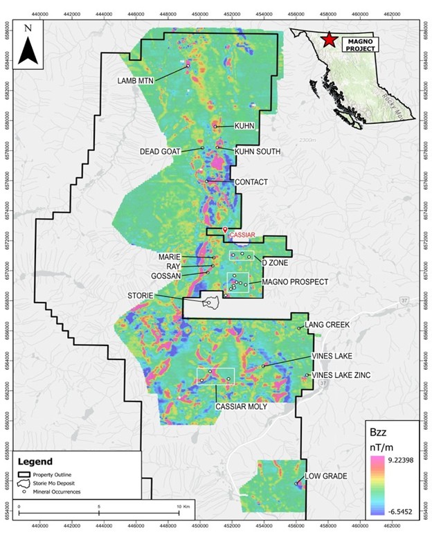 Bzz Vertical Magnetic Gradient map enhancing structural complexity across the Magno Project and identifying major lineaments, geological contacts and previously unrecognized exploration targets.