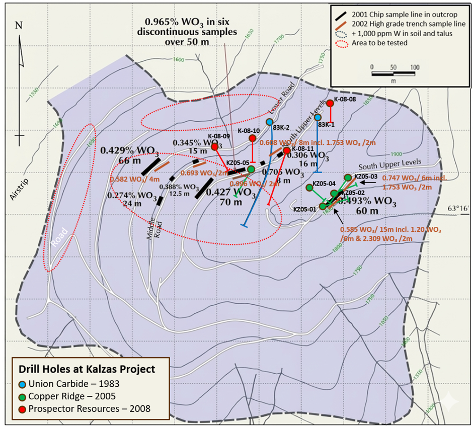 Kalzas Project drill hole locations, surface sampling highlights, and recommended priority drill target area (red dashed outline). Background shading denotes> 1,000 ppm W soil and talus anomalies.