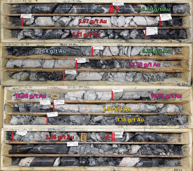 FIGURE 1: 5.46 g/t Au over 8.6 m in PSP-26-001 at approximately 77 m vertical depth.
